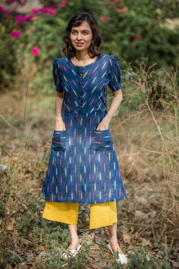 Image for Navy Blue Mustard Ikat Kurta With Culottes Front 1
