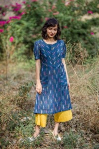 Image for Navy Blue Mustard Ikat Kurta With Culottes Side 1