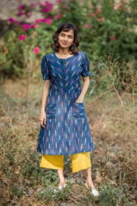 Image for Navy Blue Mustard Ikat Kurta With Culottes Side Pockets