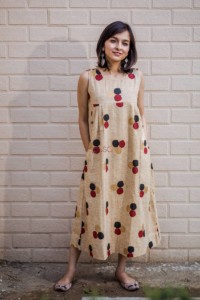 Image for Beige Polka Dots Sleeveless Dress Front