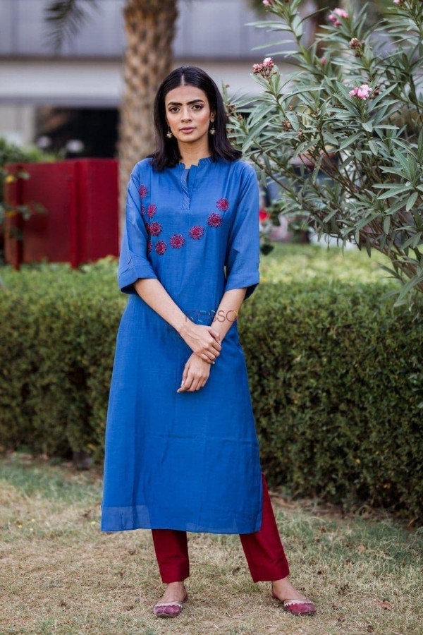 Image for Blue Red Embroidery Kurta Front