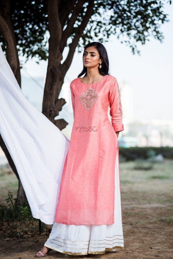 Image for Peach Hand Embroidery Silk Kurta Featured