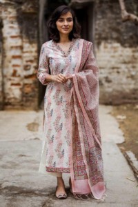 Image for Pink Green Jaal Kurta With Dupatta Front