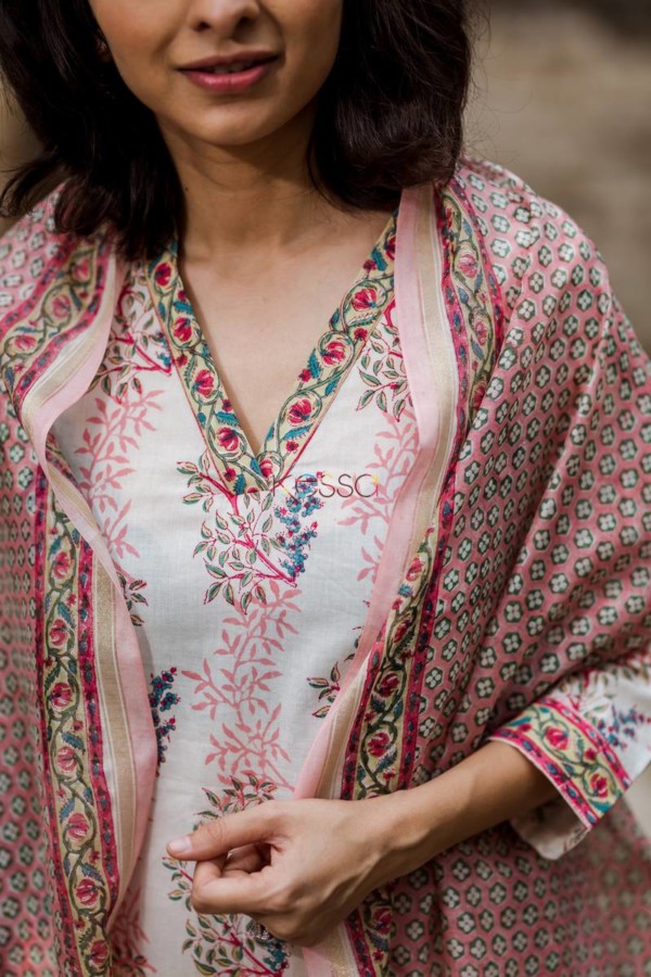 Image for Pink Green Jaal Kurta With Dupatta Clean