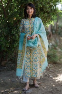 Image for Yellow Blue Jaal Print Kurta With Dupatta Front
