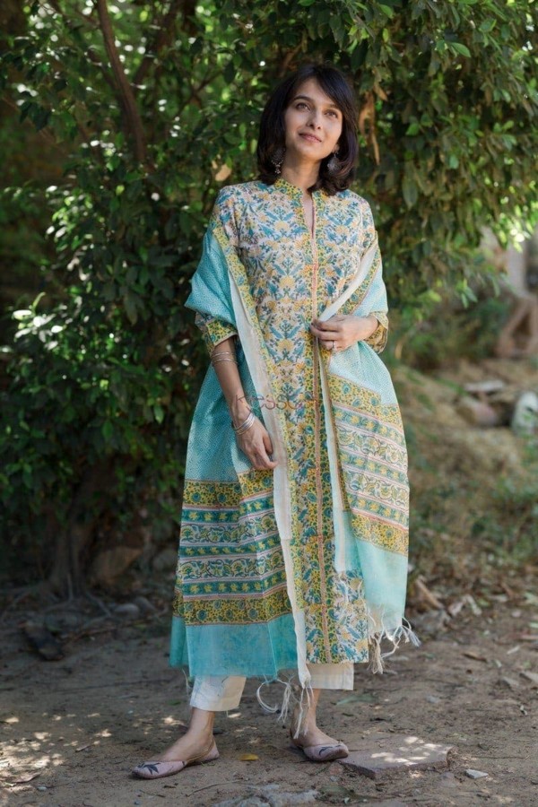 Image for Yellow Blue Jaal Print Kurta With Dupatta Side