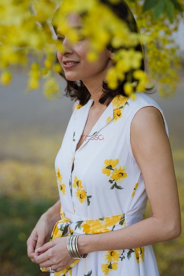 Image for Yellow Floral Crepe Dress Details 2