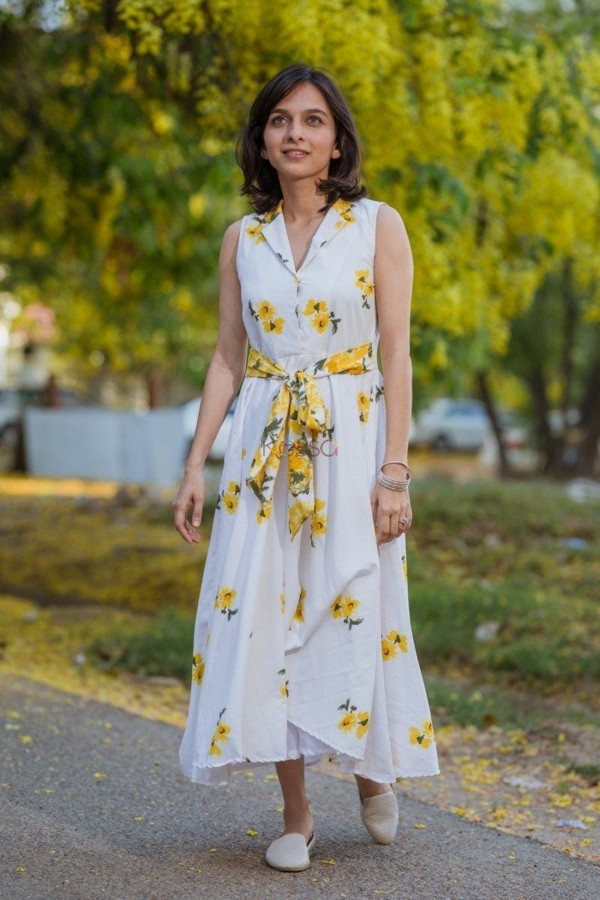 Image for Yellow Floral Crepe Dress Details