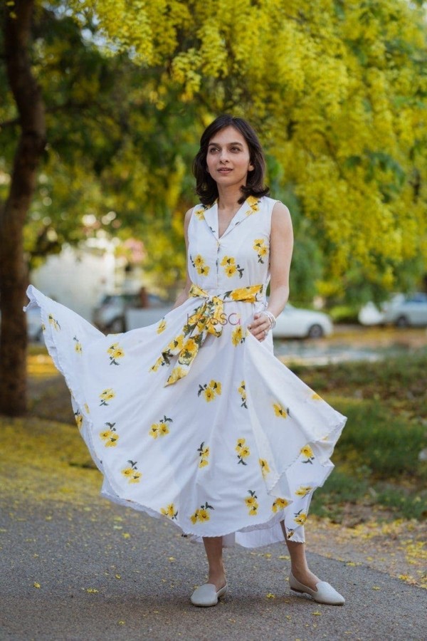Image for Yellow Floral Crepe Dress Front