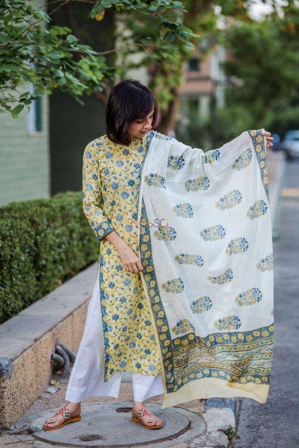 Image for Yellow Jaal Kurta With Mughal Print Dupatta Details