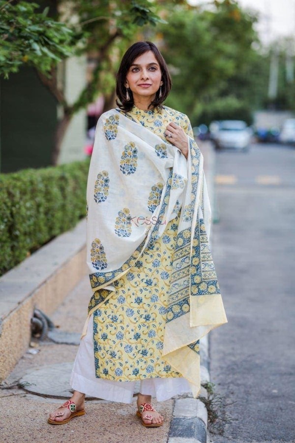 Image for Yellow Jaal Kurta With Mughal Print Dupatta Front