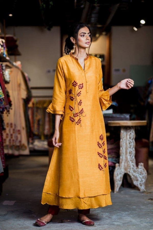 Image for Yellow Maroon Embroidery Silk Kurta Details