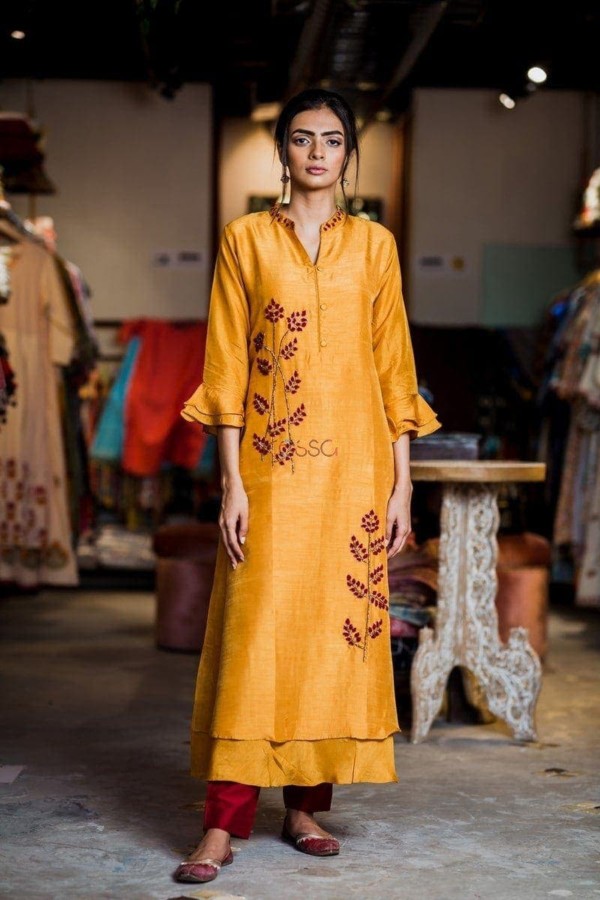 Image for Yellow Maroon Embroidery Silk Kurta Featured
