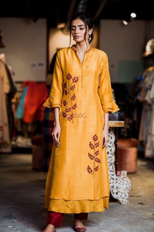Image for Yellow Maroon Embroidery Silk Kurta Front