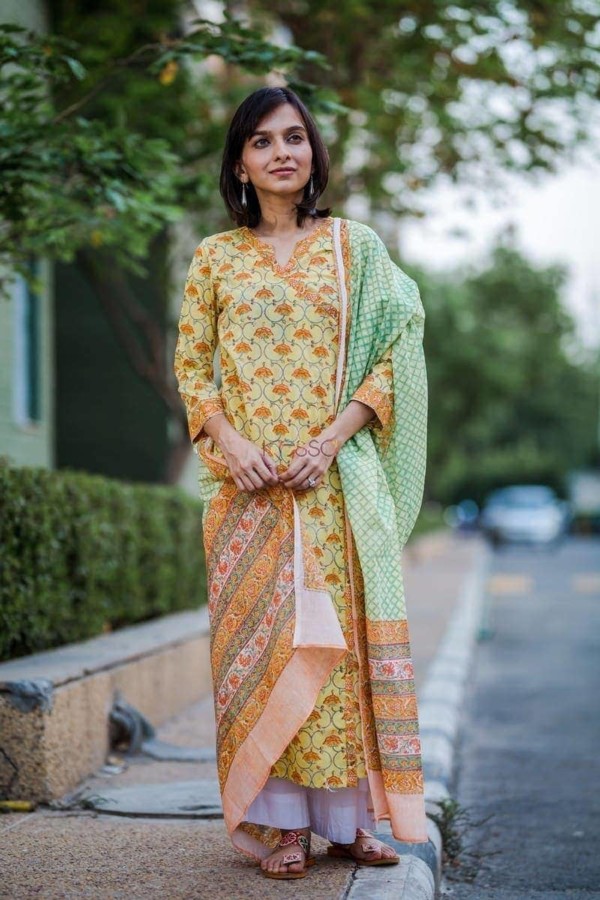 Image for Yellow Orange Jaal With Green Block Print Dupatta Front