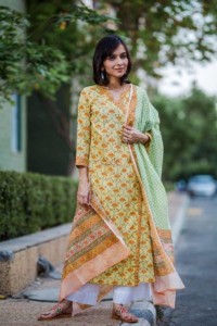 Image for Yellow Orange Jaal With Green Block Print Dupatta Side