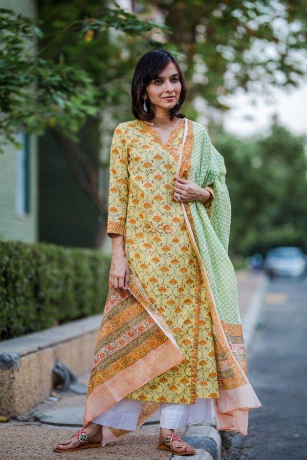 Image for Yellow Orange Jaal With Green Block Print Dupatta Side
