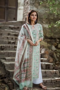 Image for Mint Green And Peach Kurta With Dupatta Side Scaled