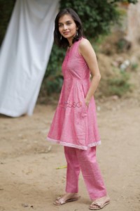 Image for Pink Linen Kurta Pant Set Side Pockets
