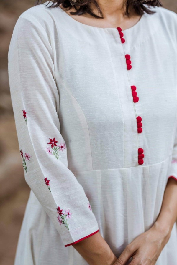 Image for White Kalidaar Kurta With Embroidery On Sleeves Closeup Scaled