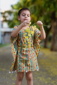 Image for Kessa Kids Kkk18 Yellow Teal Poncho Handblock Dress Closeup