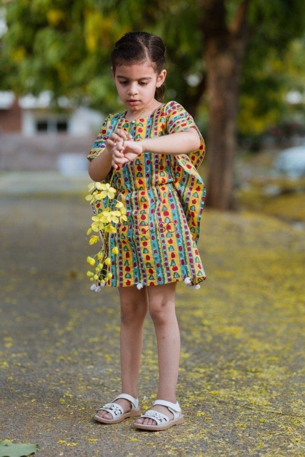 Image for Kessa Kids Kkk18 Yellow Teal Poncho Handblock Dress Featured