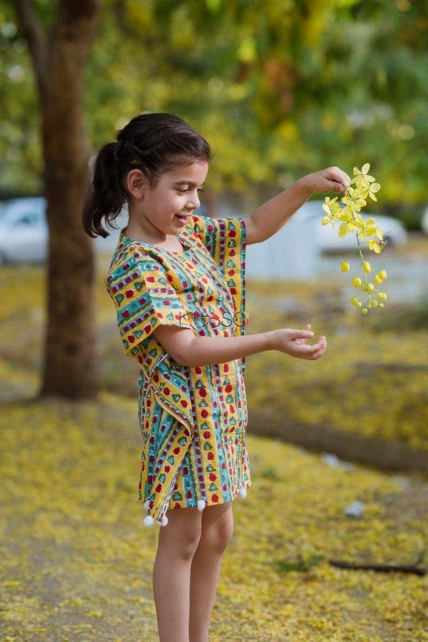 Image for Kessa Kids Kkk18 Yellow Teal Poncho Handblock Dress Side