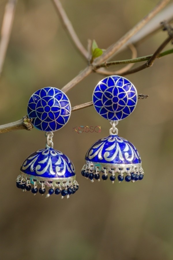 Image for Kessa Kusum Km16 Royal Blue Meenakari Jhumki Earrings