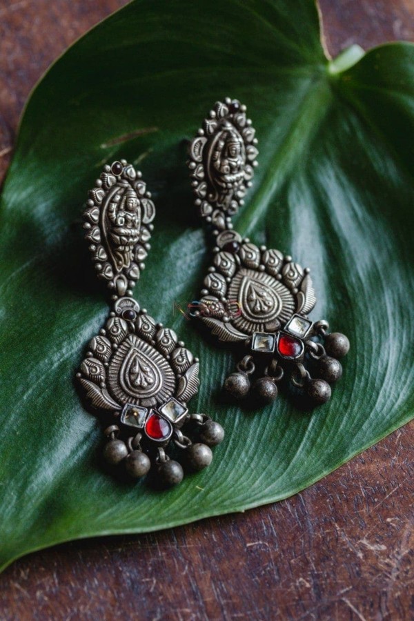 Image for Kessa Kusum Kt72 Lord Ganesh Goddess Lakshmi Motif Silver Earings