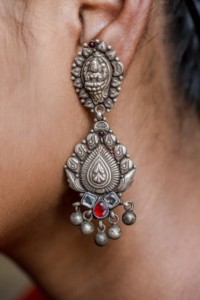 Image for Kessa Kusum Kt72 Lord Ganesh Goddess Lakshmi Motif Silver Earings Closeup