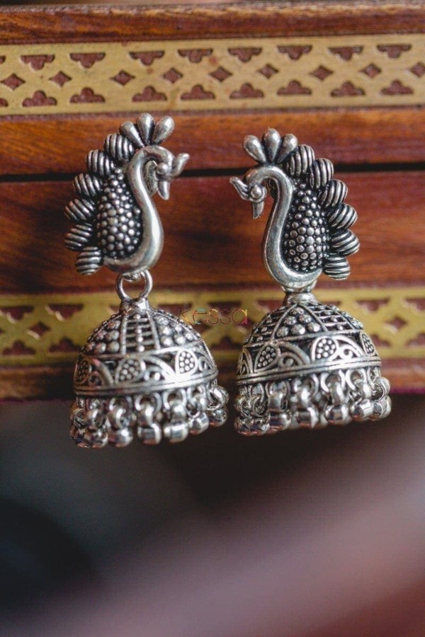 Image for Kessa Kusum Kt73 Mayur Mukhi Silver Jhumki Earrings 1