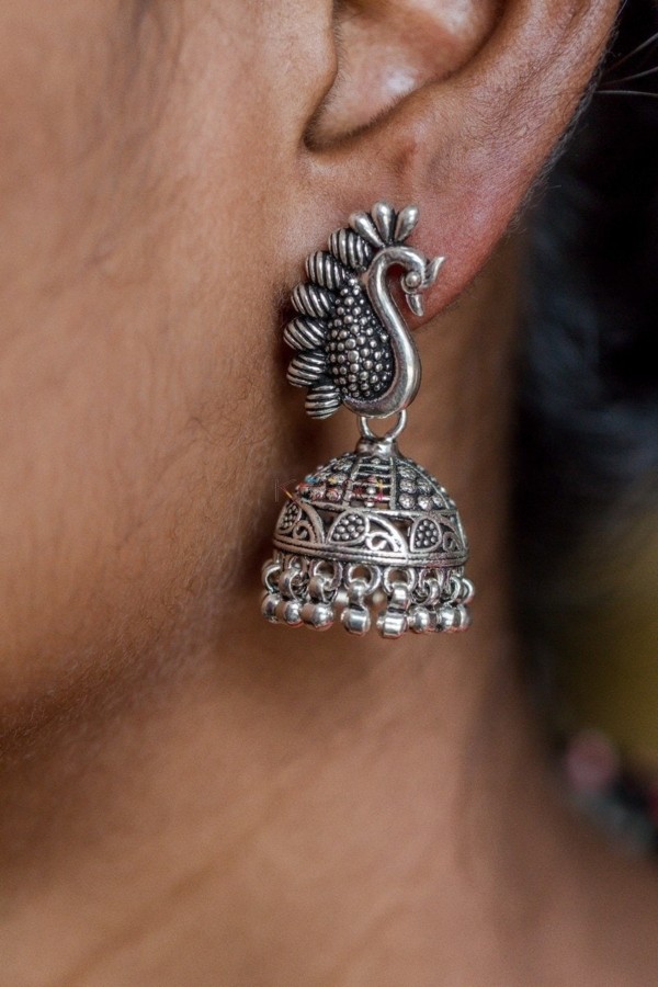Image for Kessa Kusum Kt73 Mayur Mukhi Silver Jhumki Earrings 2