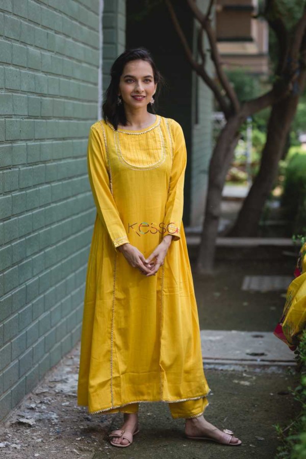 Image for Yellow Side Gather Kurta With Pants Front