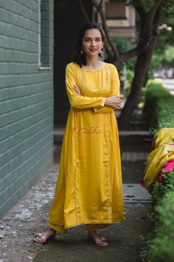 Image for Yellow Side Gather Kurta With Pants Side