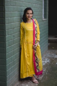 Image for Yellow Side Gather Kurta With Pants With Dupatta Front