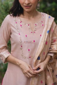 Image for Ws453 Baby Pink Embroidered Chanderi Kurta Closeup New