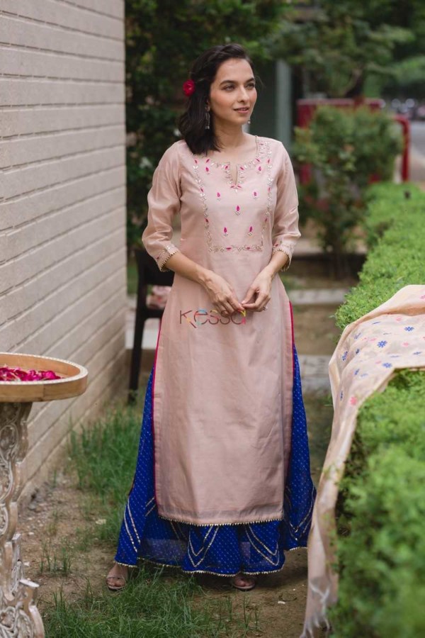 Image for Ws453 Baby Pink Embroidered Chanderi Kurta Front New