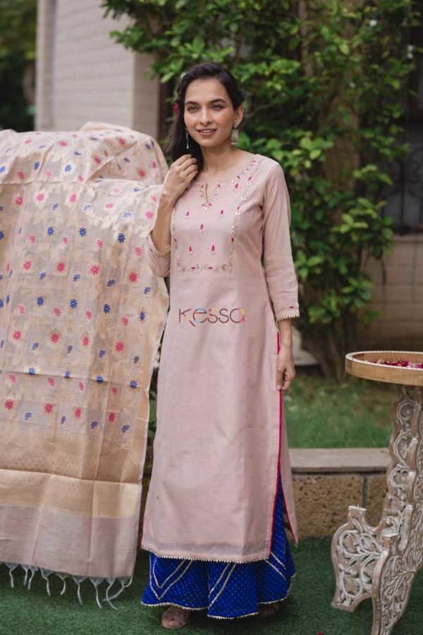 Image for Ws453 Baby Pink Embroidered Chanderi Kurta Side New