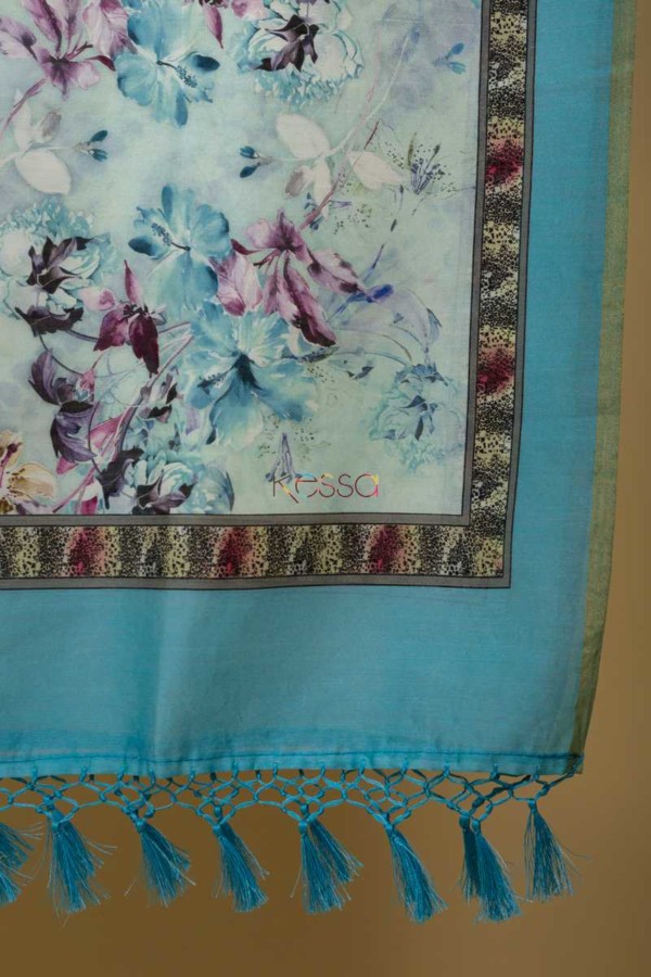 Image for Kessa Kudu51 Blue Floral Print Dupatta Closeup
