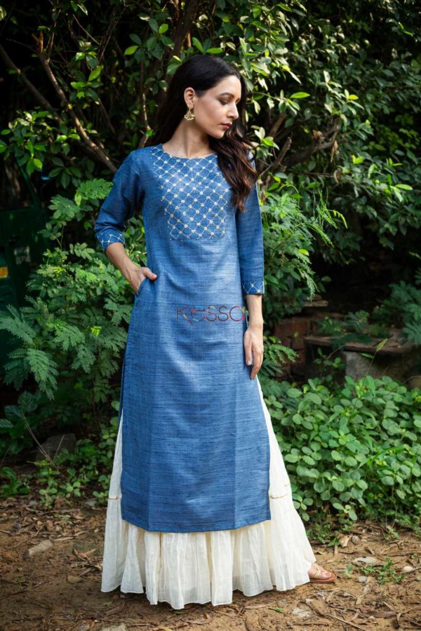 Image for Kessa Ws Sapphire Blue Mahi Silk Straight Fit Kurta Front
