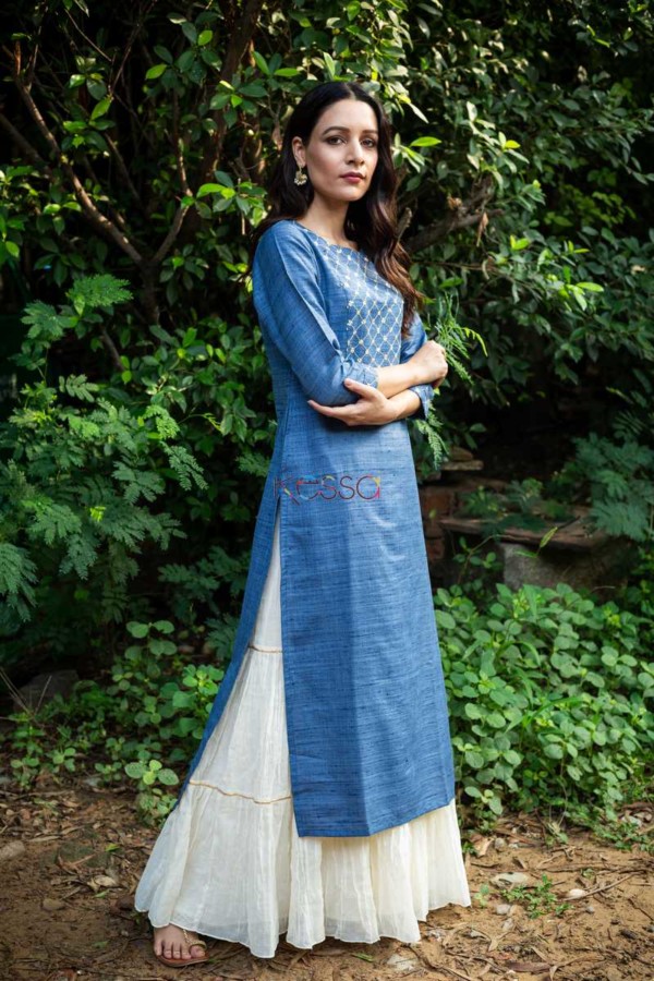 Image for Kessa Ws Sapphire Blue Mahi Silk Straight Fit Kurta Side