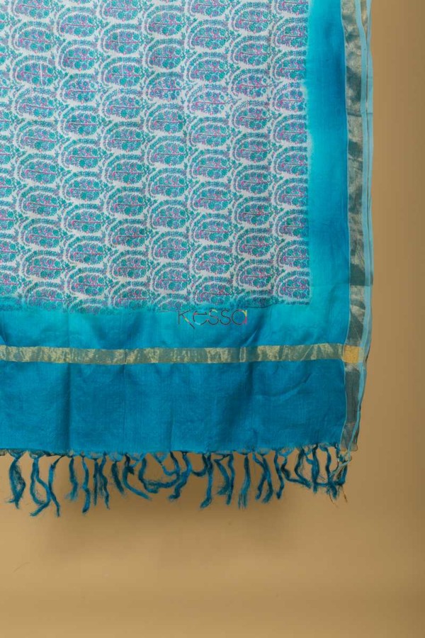 Image for Kudu Blue Paisely Tussar Dupatta Side