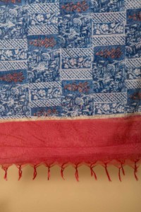 Image for Kudu Blue Red Handblock Chanderi Dupatta Closeup
