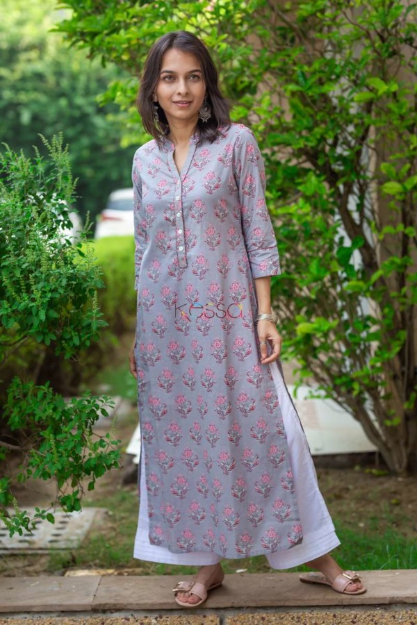 Image for Wa290a Grey Pink Straight Fit Kurta Front