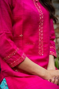 Image for Ws Pink Mahi Silk Sitara Work Straight Kurta Closeup