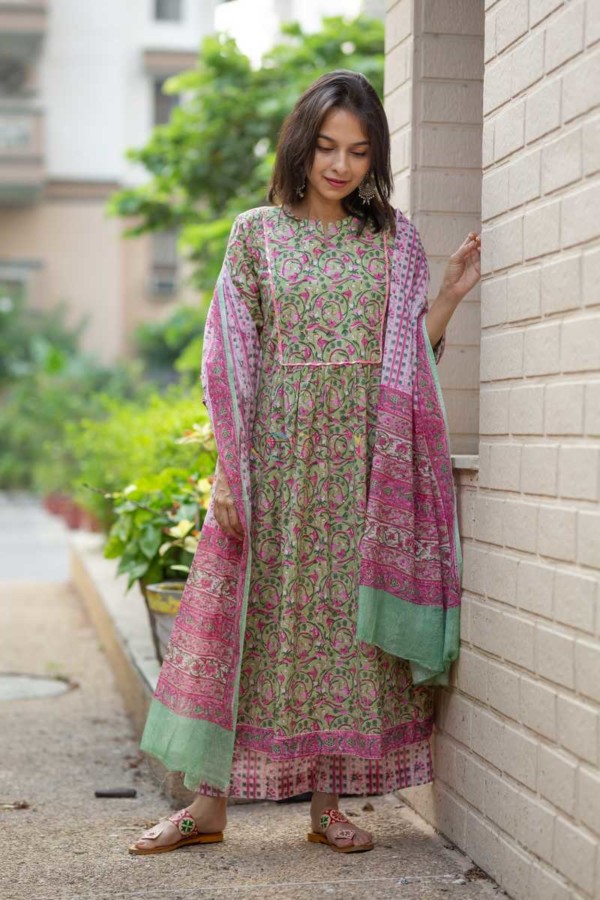 Image for Lime Green Pink Kurta Pant And Dupatta Set Front