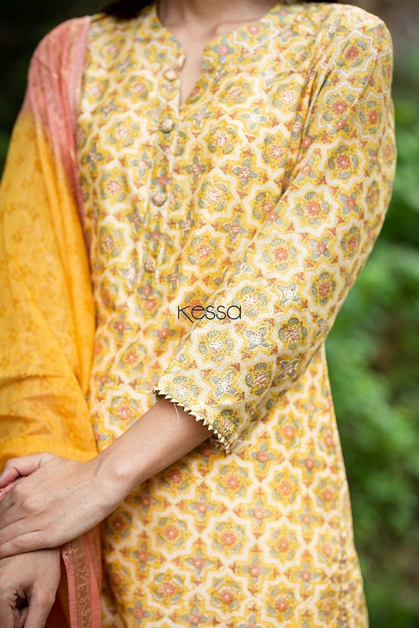 Image for Royal Yellow Chanderi Kurta Dupatta Set Closeup