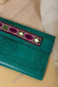 Image for Kessa Kewa04 Green Camel Leather Handcrafted Wallet Closeup