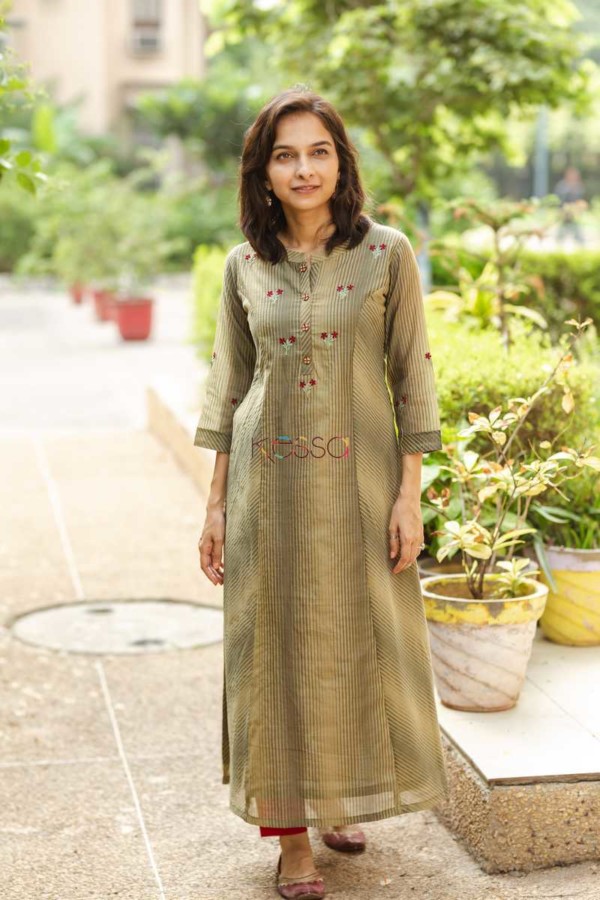 Image for Kessa Ws472 Uniform Green Beige Stripe Chanderi Kurta Featured