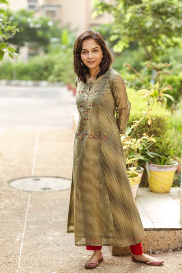 Image for Kessa Ws472 Uniform Green Beige Stripe Chanderi Kurta Side